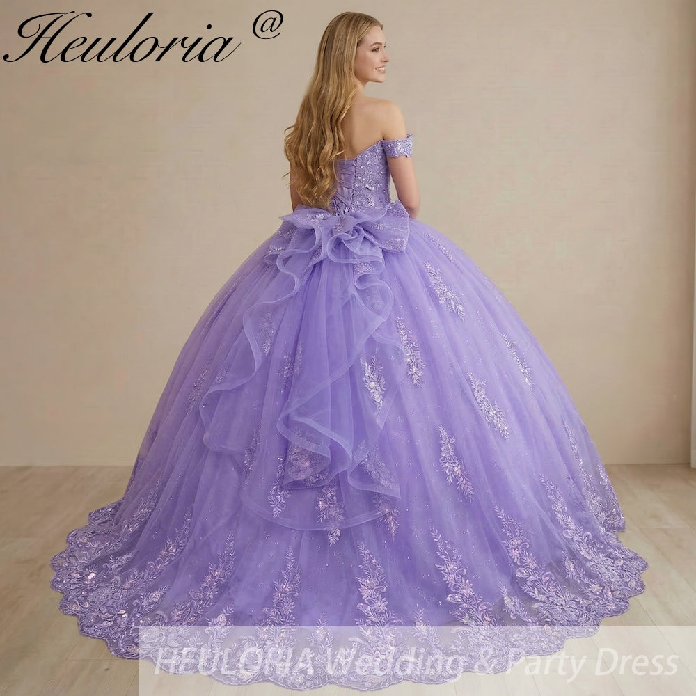 HEULORIA Ethereal Lavender Off-the-Shoulder Lace Ball Gown - Sparkling Quinceañera & Sweet 16 Dress QA-26