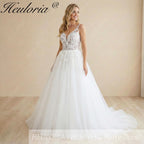 HEULORIA A line Wedding Dress V Neck Sleeveless Boho Lace Appliques Tulle Long Bridal Gowns Backless Vestidos de Novia Customized AL-1087