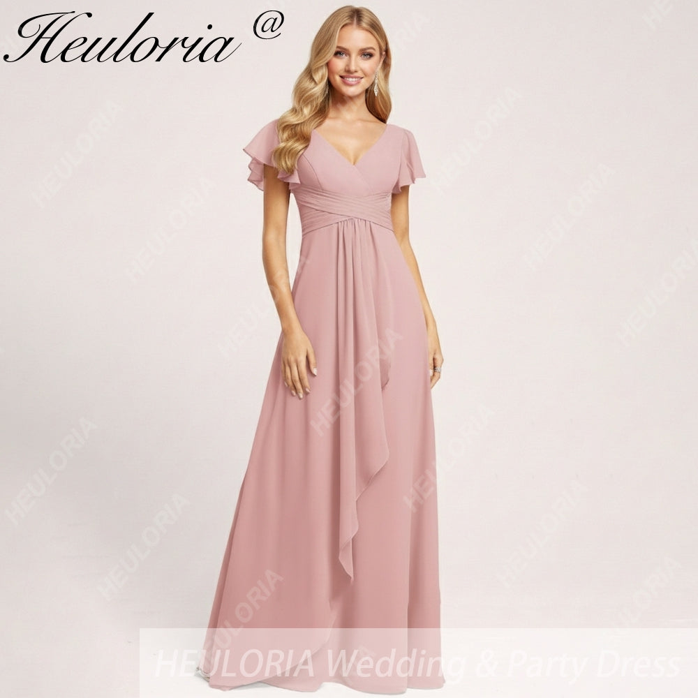 HEULORIA Long Bridemaid dress short sleeve V neck chiffon party dress formal dress ED-135 Imagen principal del producto