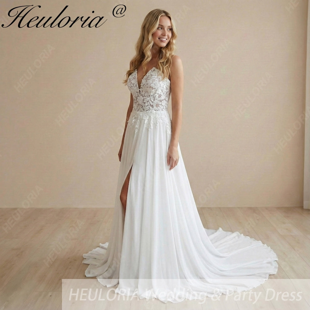 HEULORIA Strapless Plunging Sweetheart Lace Wedding Dress with High Side Slit AL-1050