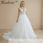 HEULORIA V Neck Sleeveless A line Wedding Dress sparky Boho Lace Appliques Tulle Long Bridal Gowns Backless Vestidos de Novia Customized AL-1091