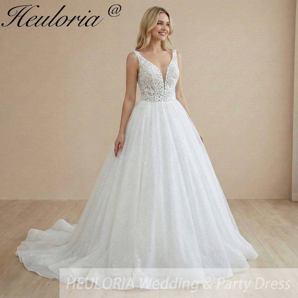 HEULORIA V Neck Sleeveless A line Wedding Dress sparky Boho Lace Appliques Tulle Long Bridal Gowns Backless Vestidos de Novia Customized AL-1091