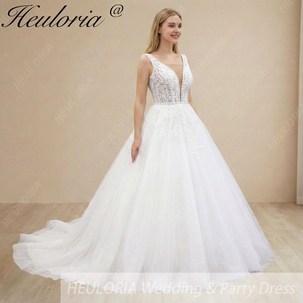 HEULORIA V Neck Sleeveless A line Wedding Dress Boho Lace Appliques Tulle Long Bridal Gowns Backless Vestidos de Novia Customized AL-1107
