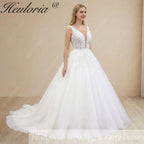 HEULORIA V Neck Sleeveless A line Wedding Dress Boho Lace Appliques Tulle Long Bridal Gowns Backless Vestidos de Novia Customized AL-1107