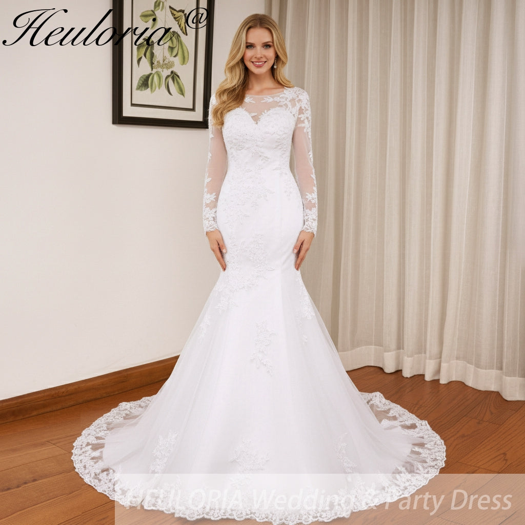 Long Sleeve Mermaid Wedding Dress | Illusion Neckline | Heuloria 6 / Ivory Long Sleeve Mermaid Wedding Dress | Illusion Neckline | Heuloria 6 / Ivory