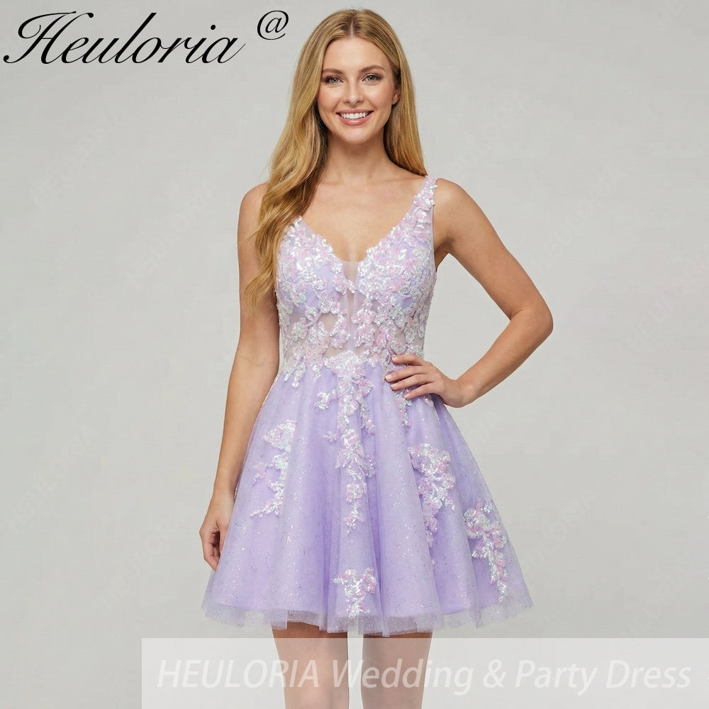 HEULORIA Sparkling V-Neck Sequined Lace Homecoming Dress - Sleeveless A-Line Short Party Gown ED-281