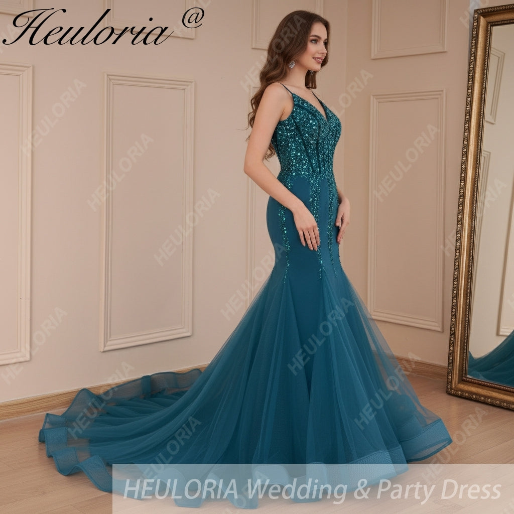 HEULORIA Sweetheart Lace Beading Mermaid Evening Dresses Long Formal Prom Dresses