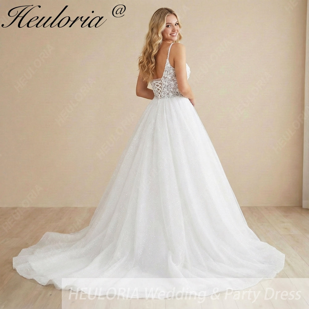 HEULORIA 3D Floral Appliqué Sparkly Ballgown Wedding Dress: Deep V-Neck & Shimmering Glitter Tulle BA-1244
