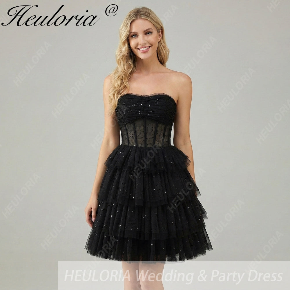 HEULORIA Sequin Strapless Tiered Tulle Mini Dress with Corset Bodice - Black ED-275 Imagen principal del producto
