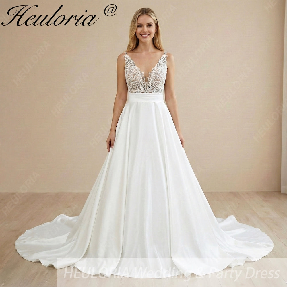 HEULORIA Exquisite Deep V-Neck Lace Applique Satin A-Line Wedding Dress with Cathedral Train AL-1030