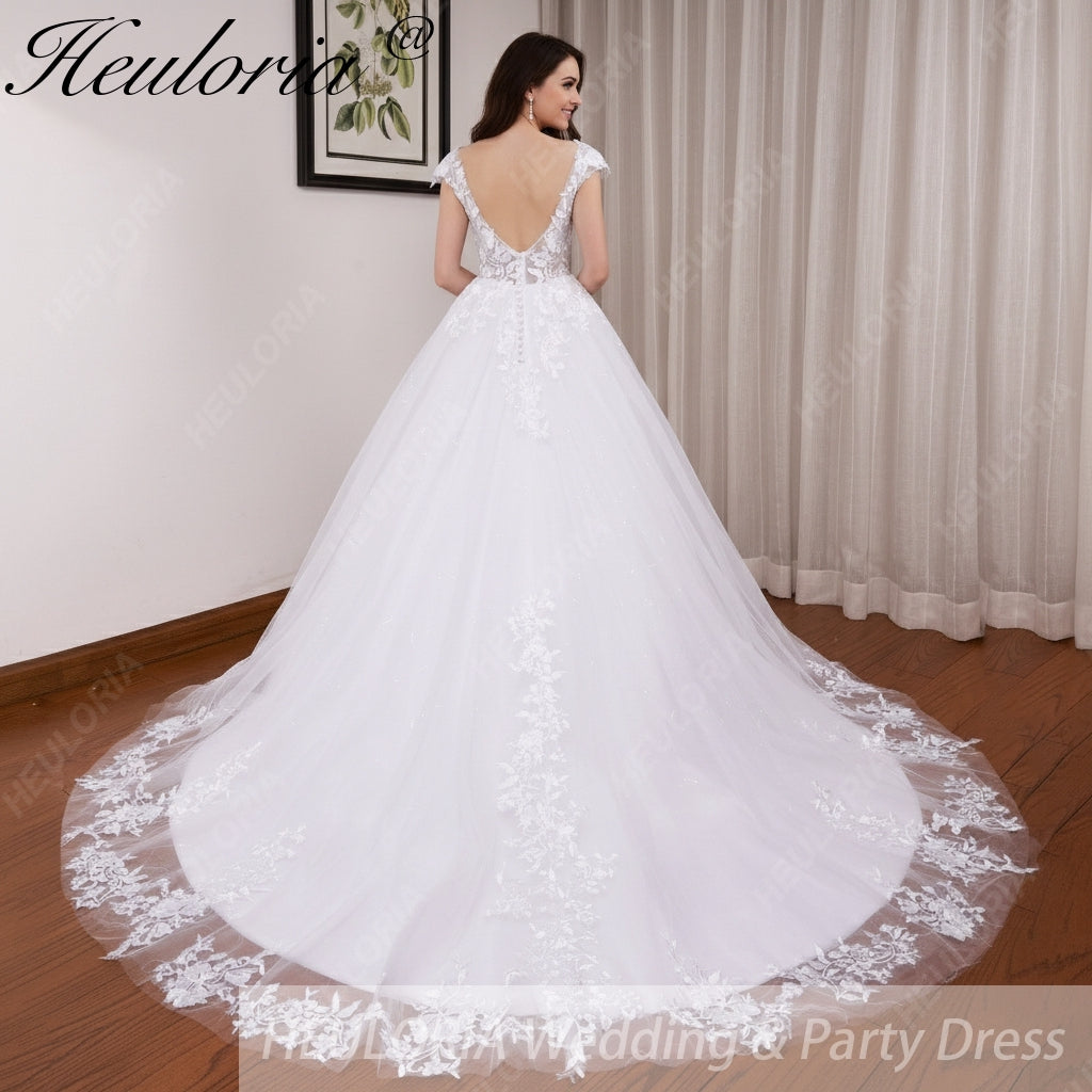 HEULORIA  Elegant lace applique ball gown princess Wedding Dress V neck plus size shinny skirt bridal dress robe de mariee BA-642
