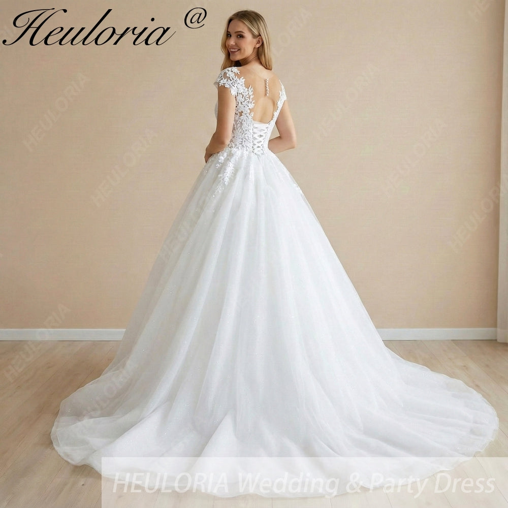 HEULORIA Enchanted Radiance: Plunging Illusion V-Neck Ball Gown Wedding Dress with Delicate Cap Sleeves BA-1075 Image secondaire du produit