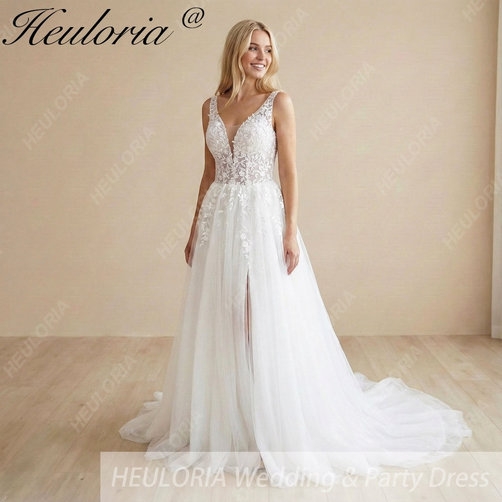 HEULORIA Botanical Leaf Lace Deep V-Neck A-Line Wedding Dress with Daring Thigh Slit & Shimmer Tulle AL-1065