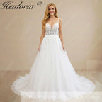 HEULORIA Ethereal Floral Lace A-Line Wedding Dress - Plunging V-Neck with Beaded Spaghetti Straps AL-1069