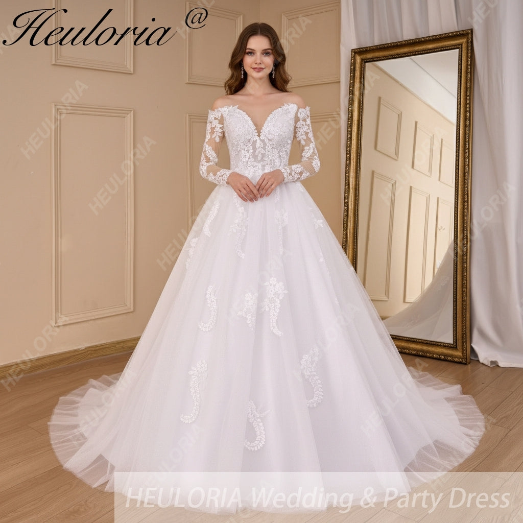 HEULORIA elegant A line wedding dress off shoulder Sparkly Glitter lace bridal dress long sleeve Robe De Mariee Wedding Bride Dress long train AL-817 Main image