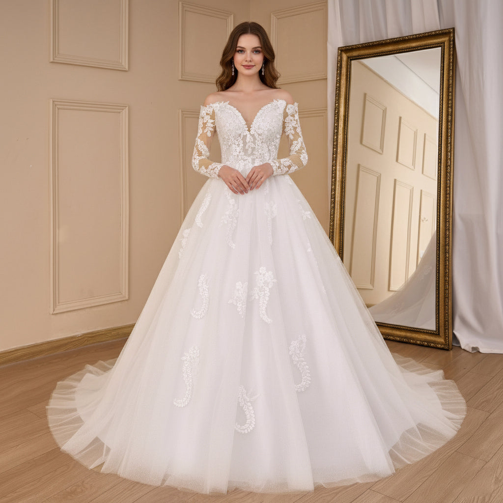 HEULORIA elegant A line wedding dress off shoulder Sparkly Glitter lace bridal dress long sleeve Robe De Mariee Wedding Bride Dress long train AL-817