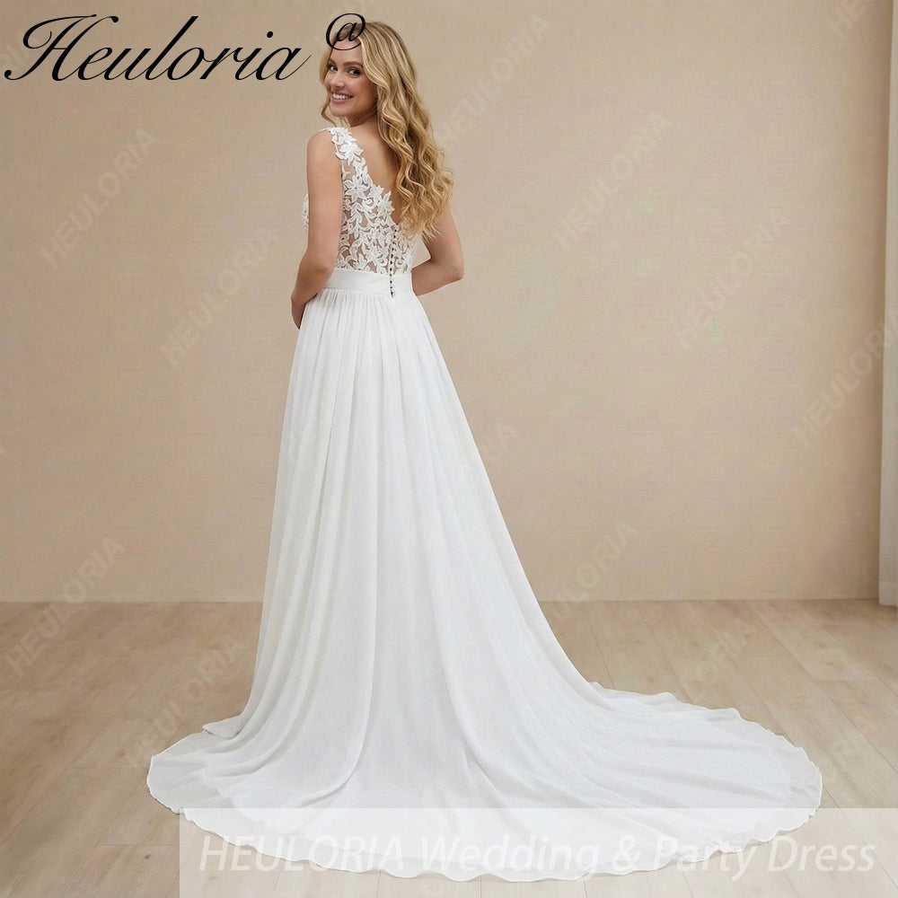Heuloria Bohemian Illusion Lace V-Neck A-Line Wedding Dress with Chiffon Skirt and Court Train AL-994