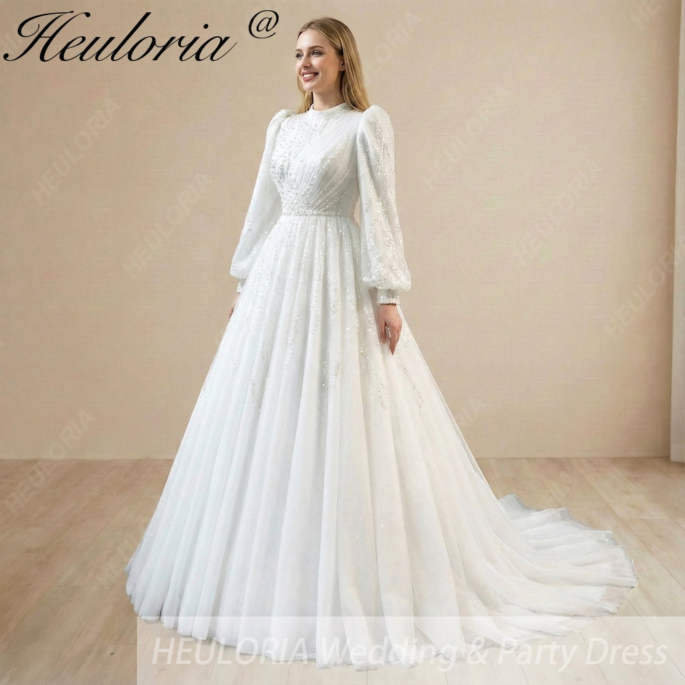 HEULORIA Regal High-Neck Beaded Wedding Dress: Sparkling Sequin A-Line Gown with Bishop Sleeves Muslim wedding dress  BA-1205