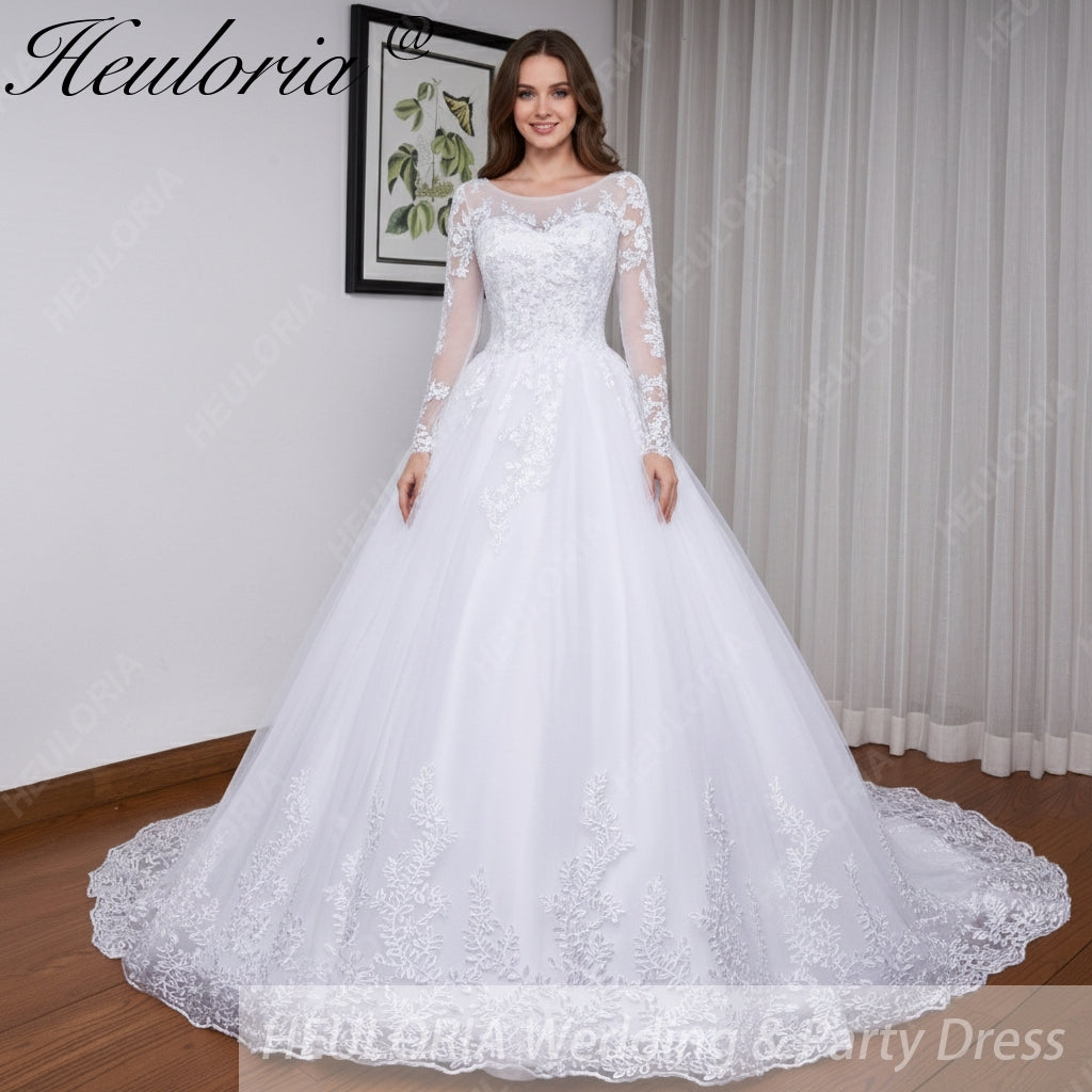 HEULORIA Princess Ball Gown Wedding Dress long sleeve bride dress O neck plus size robe de mariee Lace beading Bridal Gown BA-550