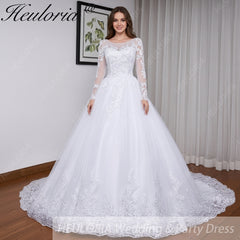 HEULORIA Princess Ball Gown Wedding Dress long sleeve bride dress O neck plus size robe de mariee Lace beading Bridal Gown BA-550