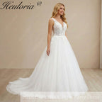 HEULORIA A line Wedding Dress V Neck Sleeveless Boho Lace Appliques Tulle Long Bridal Gowns Backless Vestidos de Novia Customized AL-1022