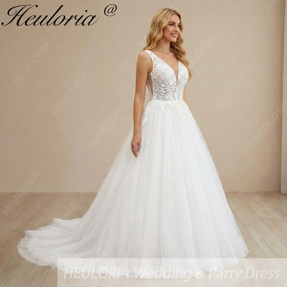 HEULORIA A line Wedding Dress V Neck Sleeveless Boho Lace Appliques Tulle Long Bridal Gowns Backless Vestidos de Novia Customized AL-1022