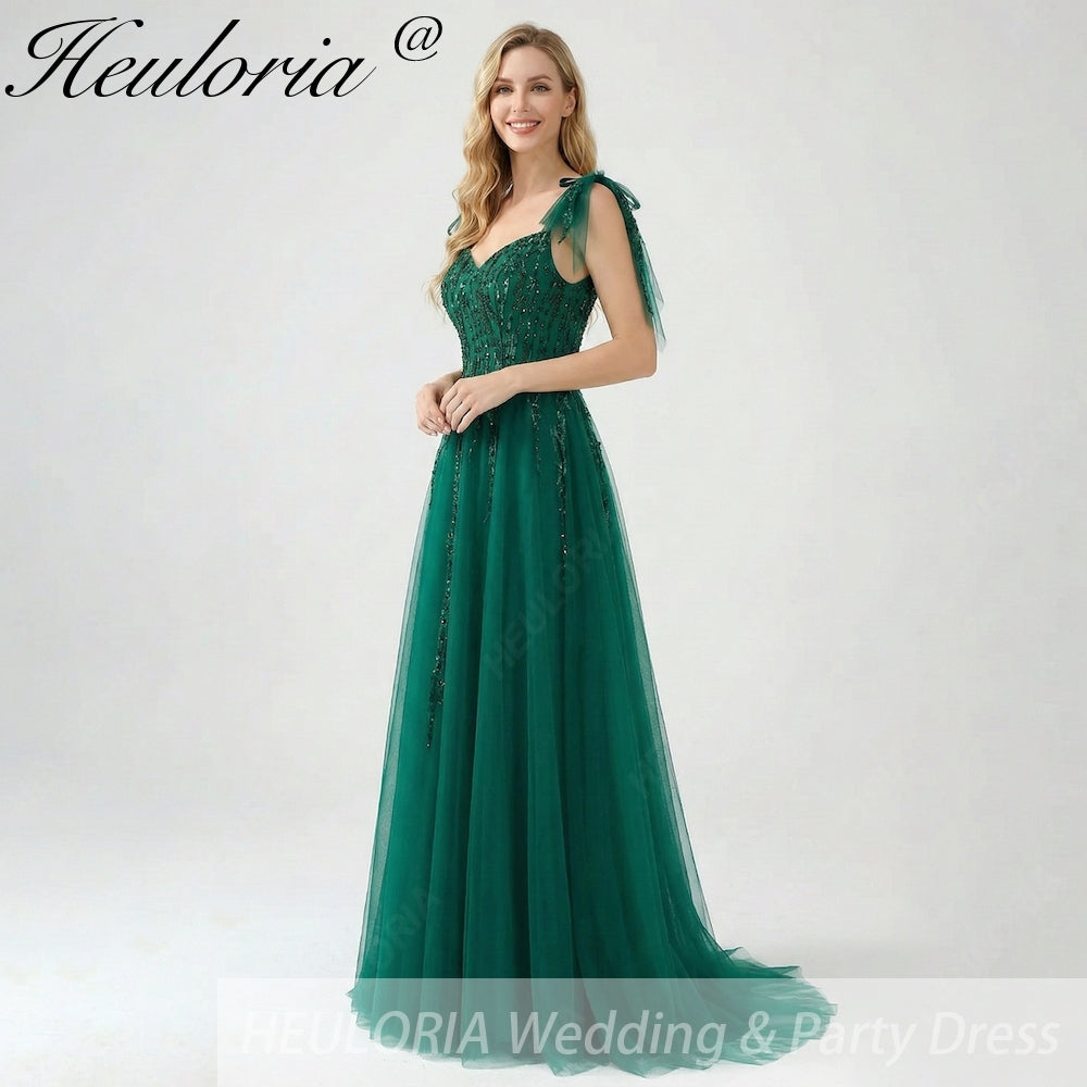 HEULORIA Ethereal Dark Green Beaded Tulle Prom Dress - Sweetheart Neckline & Whimsical Tie-Sleeves ED-344