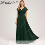HEULORIA Long Bridemaid dress short sleeve V neck chiffon party dress formal dress ED-133