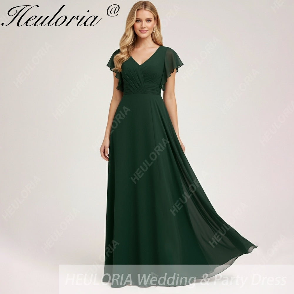 HEULORIA Long Bridemaid dress short sleeve V neck chiffon party dress formal dress ED-133