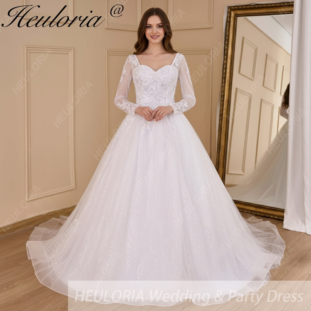HEULORIA Ball-Gown/Princess long sleeve Chapel Train Lace Tulle Wedding Dress With Sequins Beading BA-654A