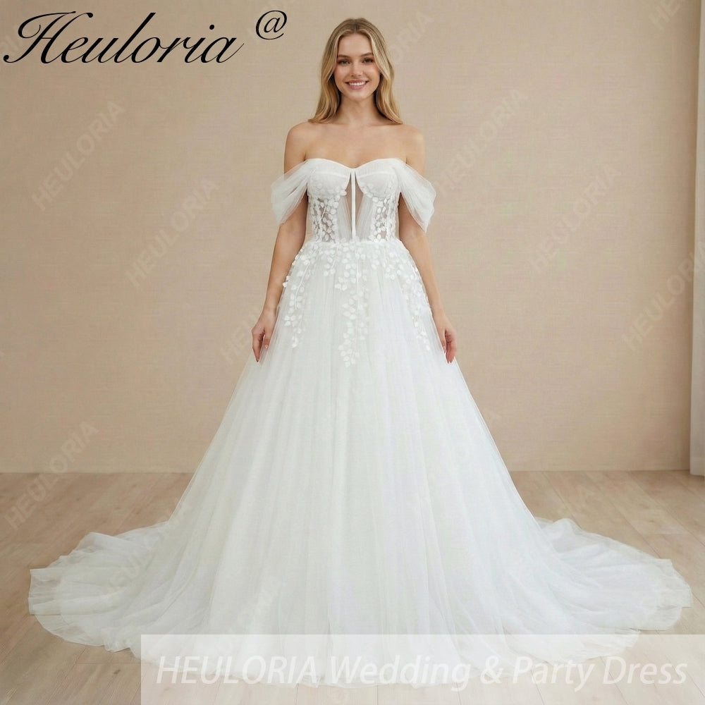 HEULORIA Ethereal Leaf Lace Off-the-Shoulder Wedding Dress with Draped Tulle Sleeves and Corset Bodice AL-1061 Secondary image