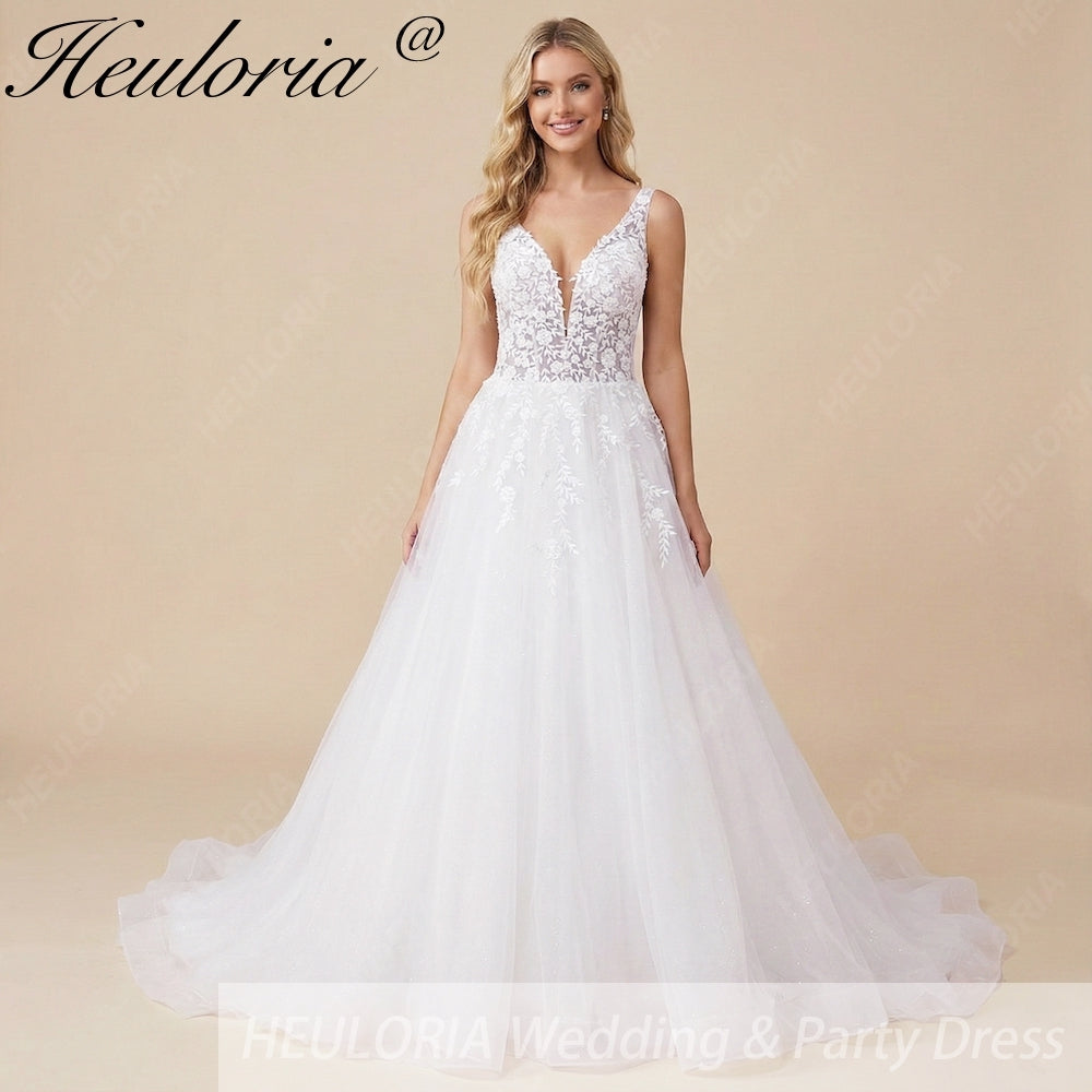 HEULORIA V Neck Sleeveless A line Wedding Dress Boho Lace Appliques Tulle Long Bridal Gowns Backless Vestidos de Novia Customized AL-1023