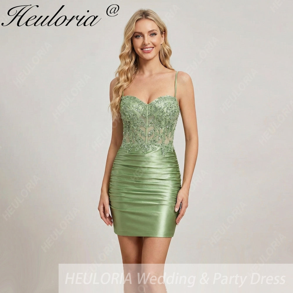 HEULORIA Sage Green Sequin Lace Corset Homecoming Dress - Ruched Satin Spaghetti Strap Mini Gown ED-304 Imagen principal del producto