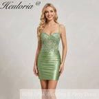 HEULORIA Sage Green Sequin Lace Corset Homecoming Dress - Ruched Satin Spaghetti Strap Mini Gown ED-304