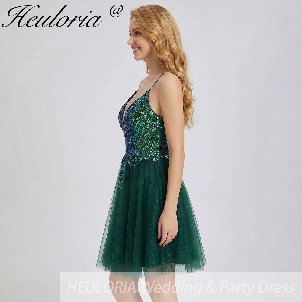 Short Emerald Green Sequined Homecoming Dress | V-Neck & Lace-up Back Dark Green / Custom size Short Emerald Green Sequined Homecoming Dress | V-Neck & Lace-up Back Dark Green / Custom size