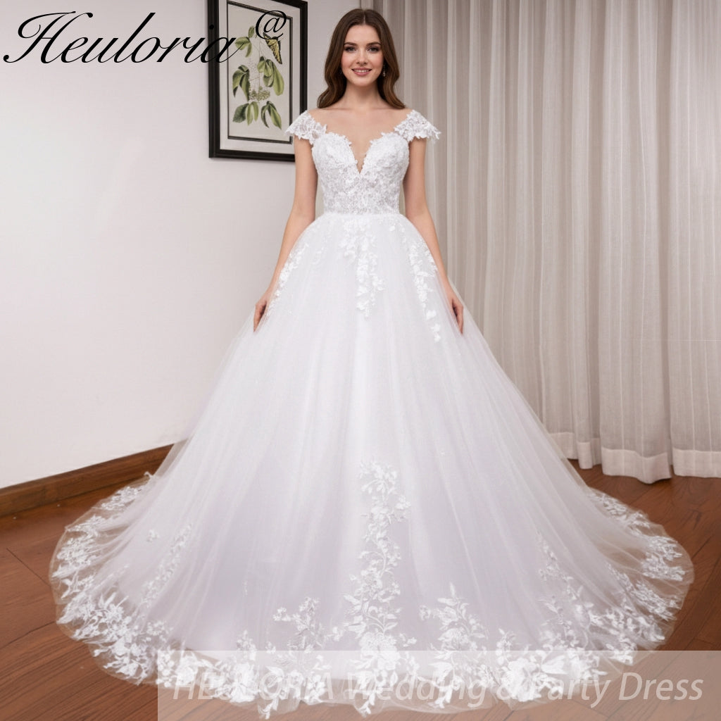 HEULORIA  Elegant lace applique ball gown princess Wedding Dress V neck plus size shinny skirt bridal dress robe de mariee BA-642