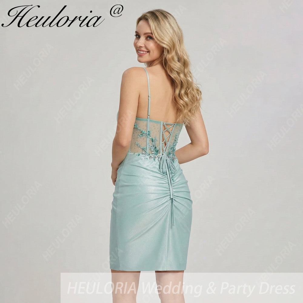 HEULORIA Sparkly Sequin Corset Mini Dress - Sheer Boning Ruched Bodycon Cocktail Gown ED-302
