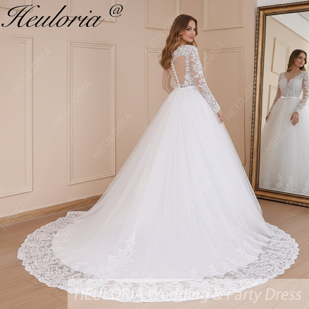 HEULORIA Princess Ball Gown Wedding Dress long sleeve bride dress V neck plus size robe de mariee Lace beading Wedding Bridal Gown BA-588