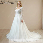 HEULORIA Romantic Long Puff Sleeve Corset Wedding Dress: Shimmering Glitter Tulle A-Line Bridal Gown BA-1211