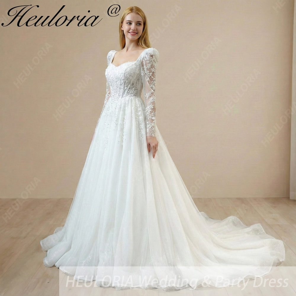 HEULORIA Romantic Long Puff Sleeve Corset Wedding Dress: Shimmering Glitter Tulle A-Line Bridal Gown BA-1211