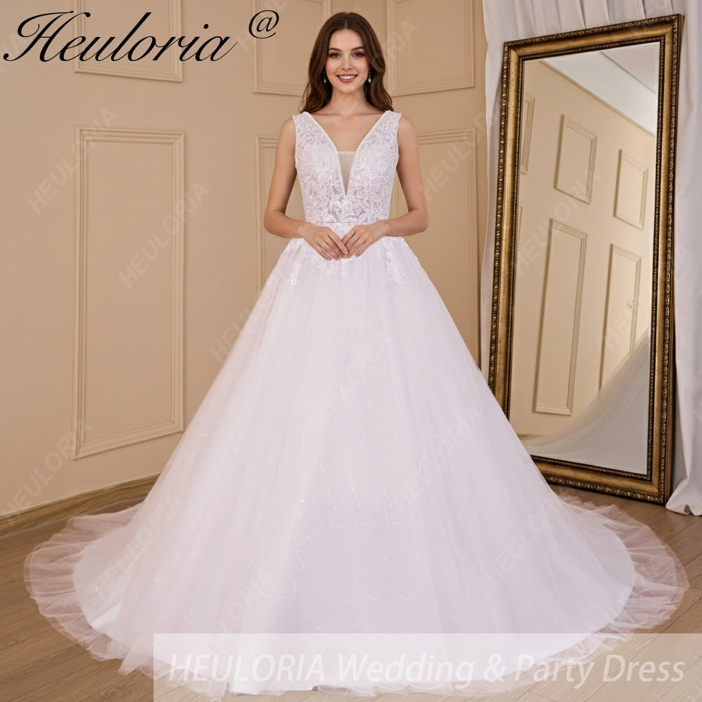HEULORIA A-line V-Neck Sweep Train Lace Tulle Wedding Dress With Sequins Beading AL-719