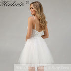 HEULORIA Enchanting Tiered Tulle Short evening Dress - Floral Lace Appliqué & Plunging V-Neck with Spaghetti Straps homecoming dress ED-290