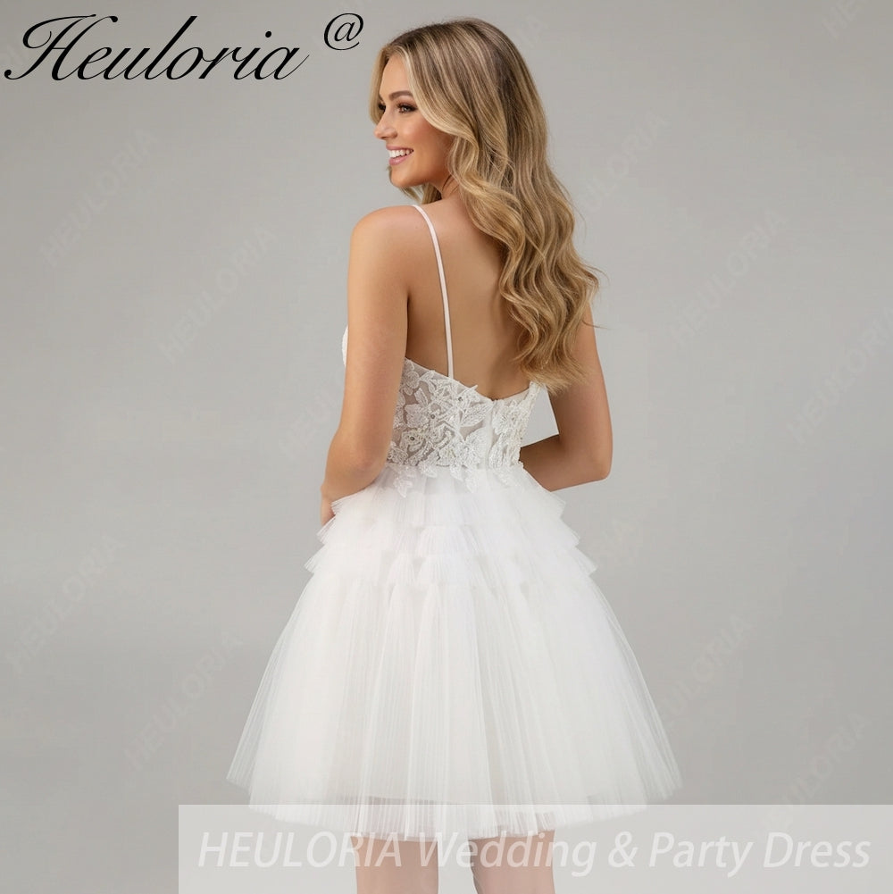 HEULORIA Enchanting Tiered Tulle Short evening Dress - Floral Lace Appliqué & Plunging V-Neck with Spaghetti Straps homecoming dress ED-290