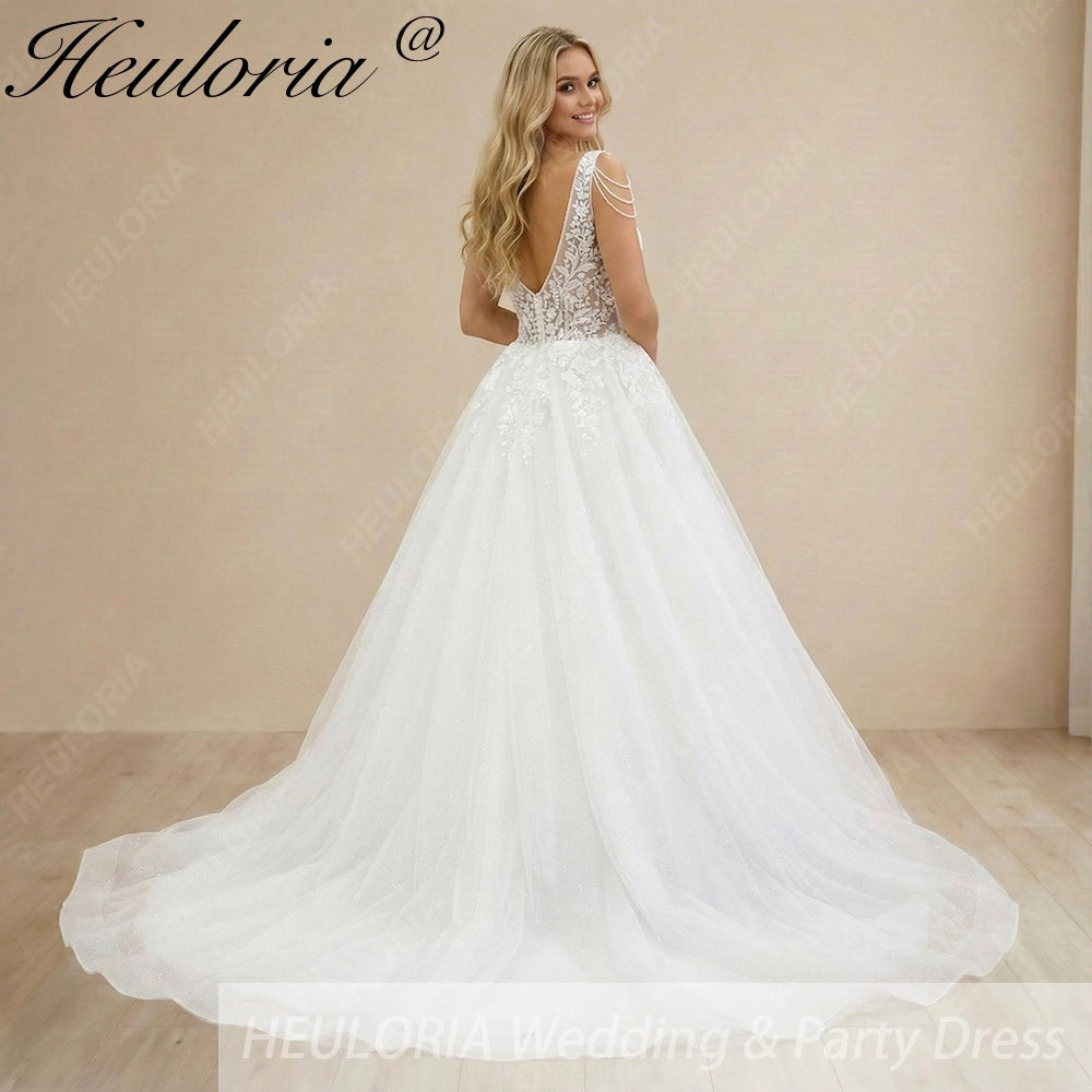 Heuloria Ethereal A-Line Wedding Dress with Deep V-Neck and Draped Pearl Shoulder Accents AL-969 Secondary image