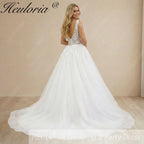 Heuloria Ethereal A-Line Wedding Dress with Deep V-Neck and Draped Pearl Shoulder Accents AL-969