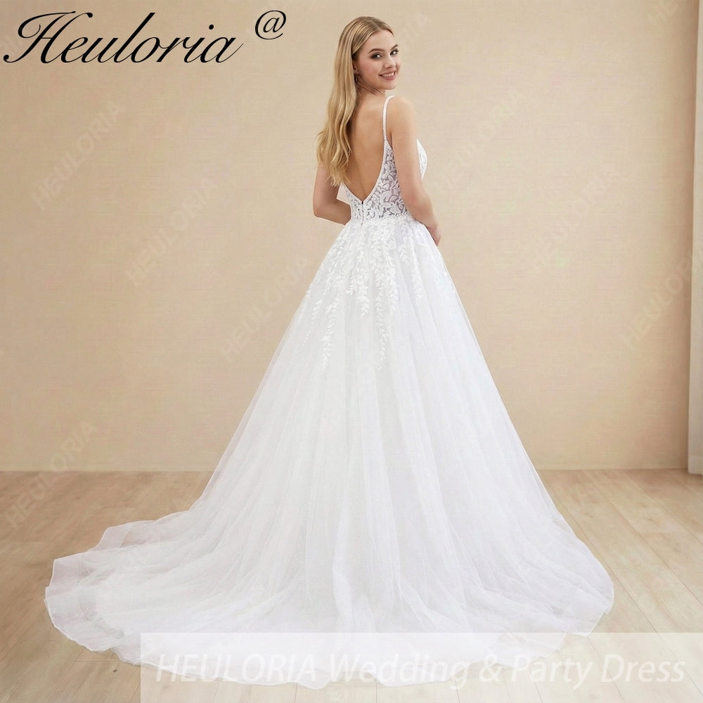 Heuloria Ethereal Shimmer: Deep V-Neck Spaghetti Strap Floral Lace A-Line Wedding Dress AL-1048