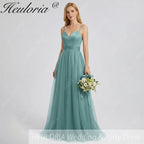 HEULORIA Eucalyptus Green Sweetheart Tulle Bridesmaid Dress with Cutout Back and Spaghetti Straps ED-247