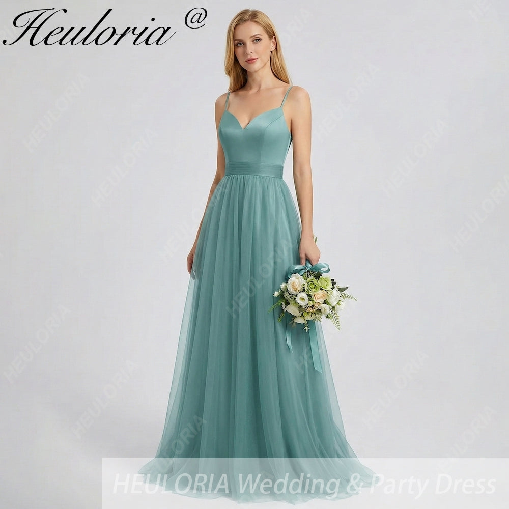 HEULORIA Eucalyptus Green Sweetheart Tulle Bridesmaid Dress with Cutout Back and Spaghetti Straps ED-247