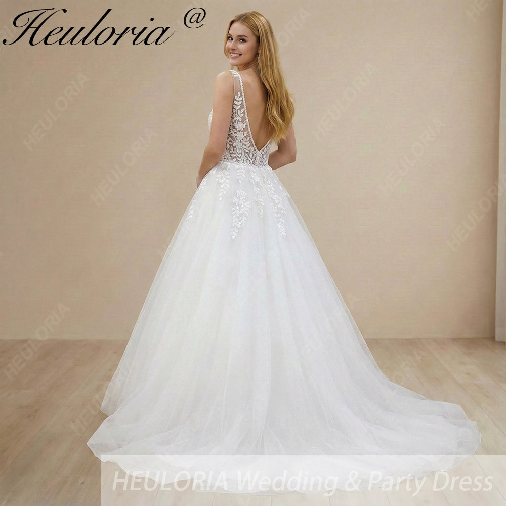 Heuloria Leafy Floral Lace V-Neck Wedding Dress: Shimmering Glitter Tulle A-Line Gown with Corset Back AL-970 Secondary image