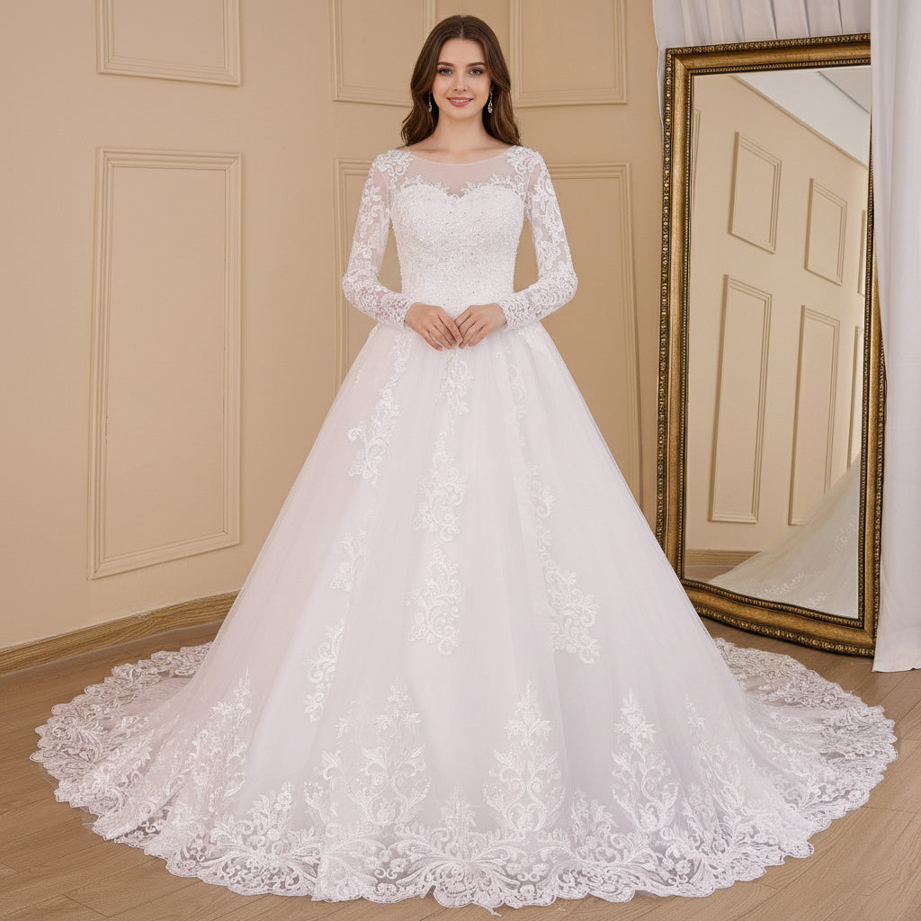 HEULORIA Princess Wedding Dress long sleeve lace beading robe de mariee Wedding Bridal Gown ball gown wedding dress plus size BA-617